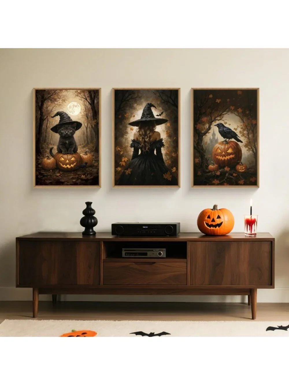 Spooky Halloween Wall Art Set - Framed Canvas with Witch, Black Cat & Raven